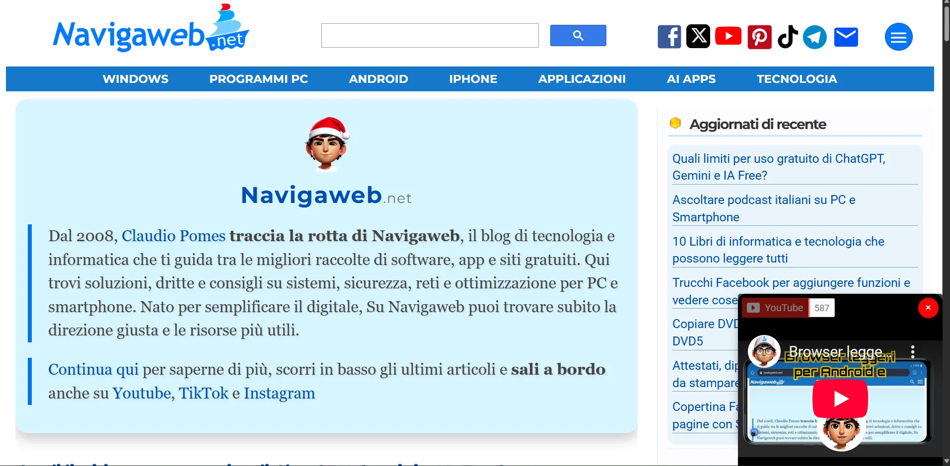 Navigaweb's homepage filled with free tips and tool recommendations for users in Italy, along with a glance at how the blog is also delving into short-form video content.