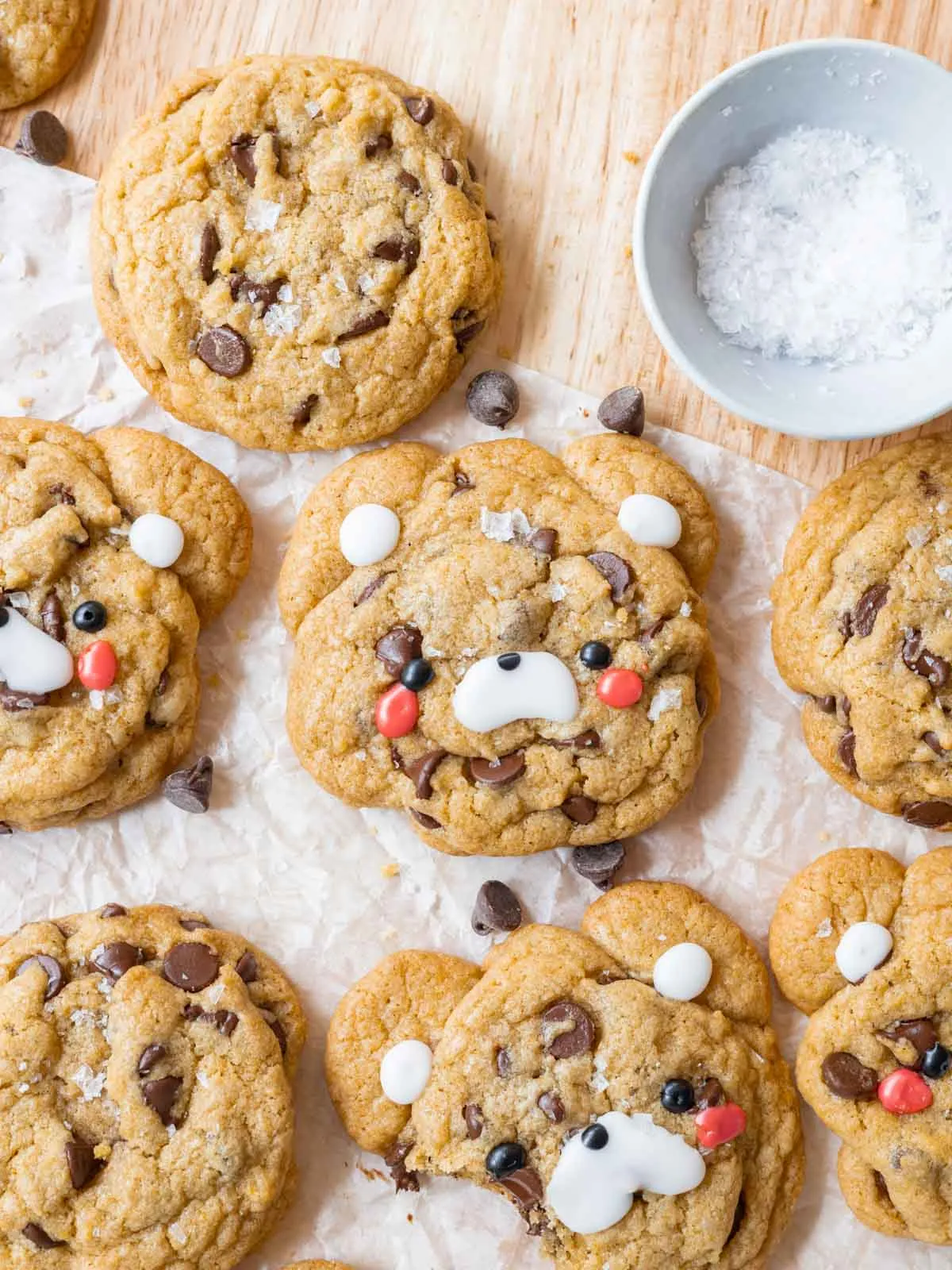 Teddy bear chocolate chip cookies with sea salt and candy decorations