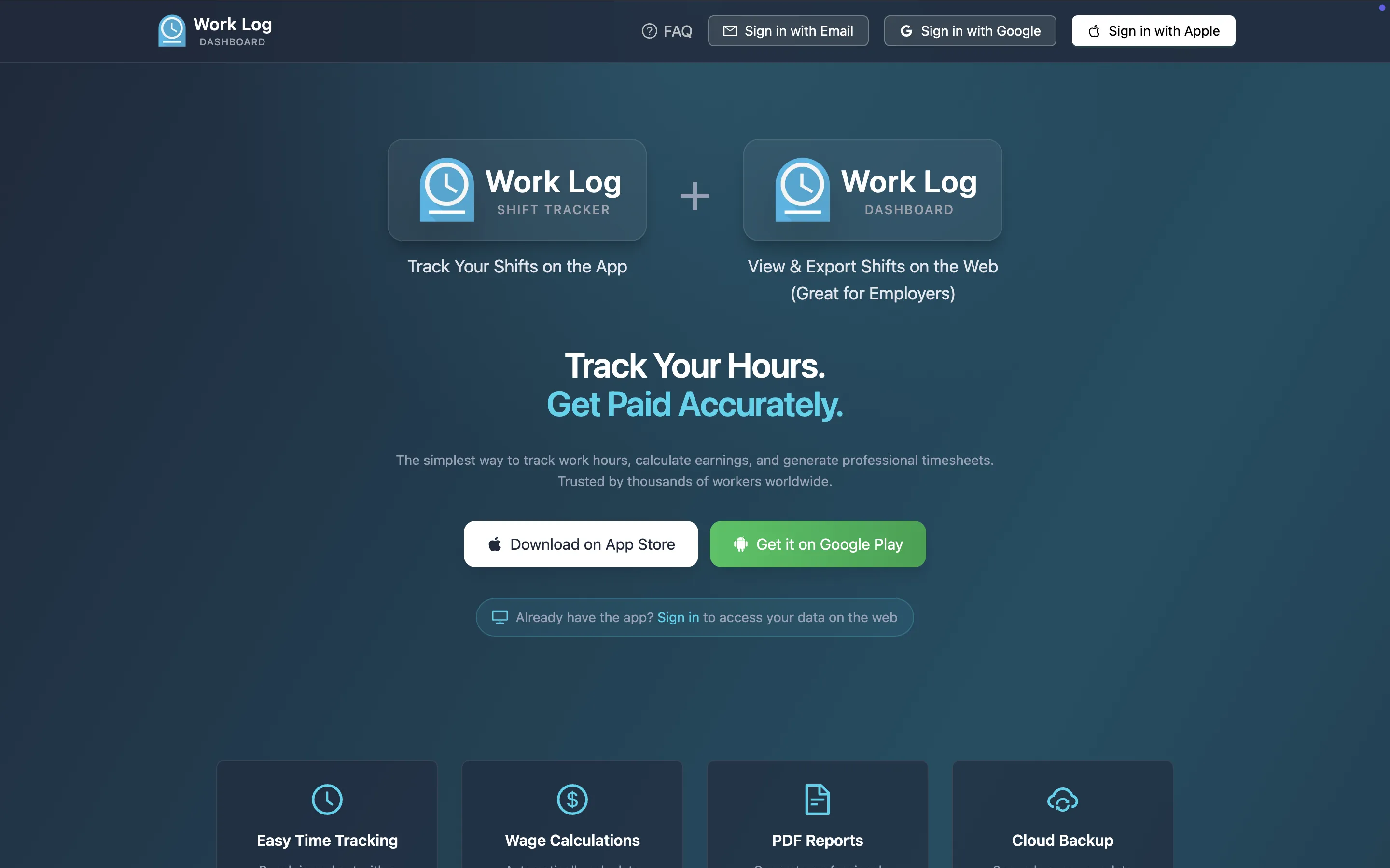 The Work Log Dashboard web tool helps employers track the hours of staff using the Work Log app.